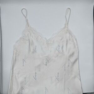 Victorias Secret White Satin Love Print Lace Trim Babydoll Slip Dress Top Small